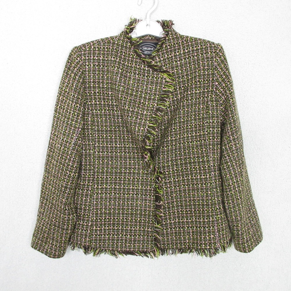 Selene Sport Womens Brown Green Pink Tweed Fringe Open Front Blazer Jacket M
